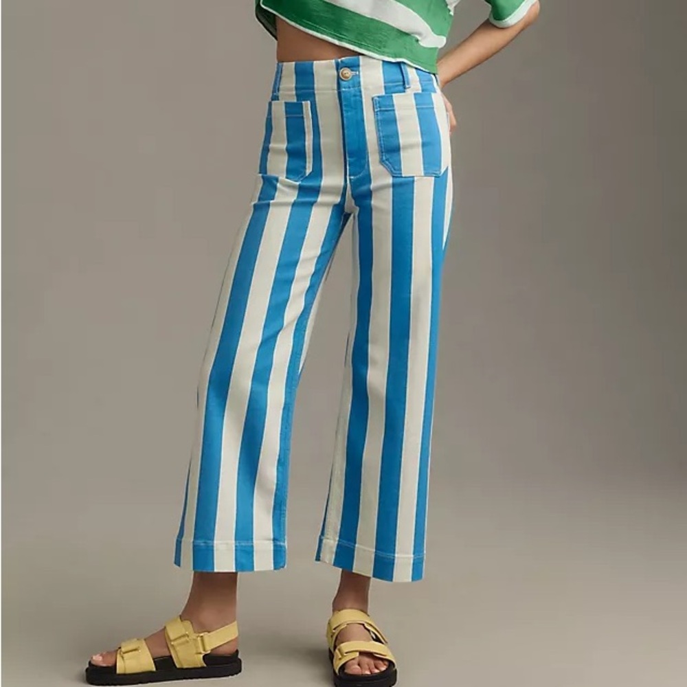 The Colette Cropped Wide Leg Jeans Maeve Anthropologie 28P Blue White Striped